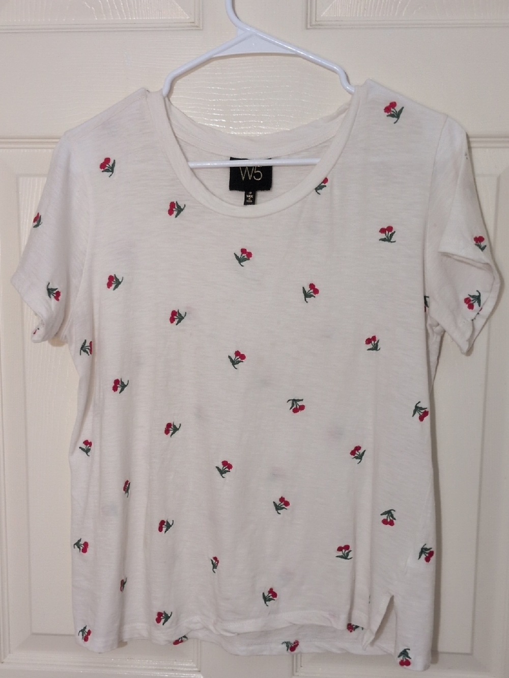 W5 White Tee with Red Embroidery Cherries - Short Sleeve, Size Med made In India